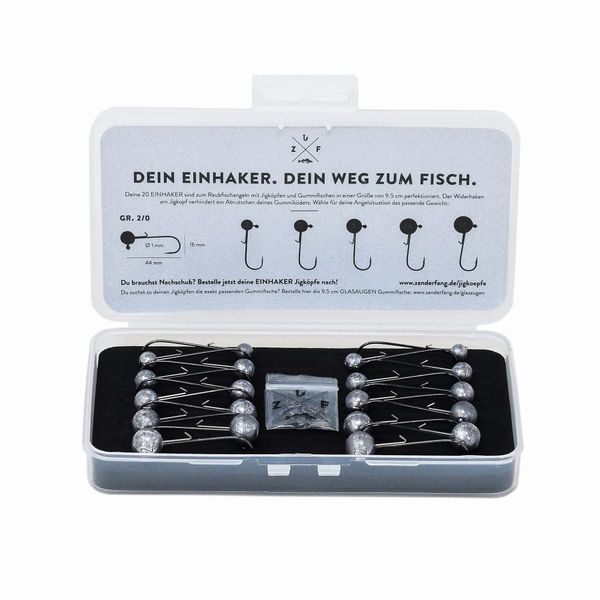 Zanderfang – Jigköpfe Set Angelhaken – Jigkopf Größe 2/0 für Gummifische 8cm bis 11cm – 20 Jigköpfe Set – 10 Snaps Angeln – Leichte Jighaken 4 x 3g 5g 7g 10g 12g