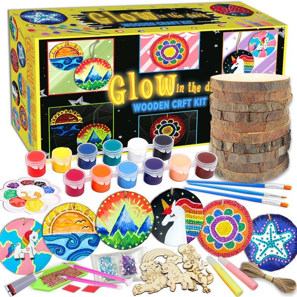 Wakestar Unfinishied Wood Slices for Arts and Crafts,Glow in The Dark Wooden Painting Kit for Kids Girls Age 5-12 Years Old,Creative Crafts Toys for Birthday Christmas Gifts