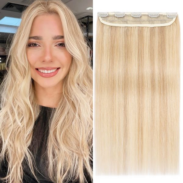 Benehair Clip in Human Hair Extensions, Natural Real Hair Clip in, 20Inches 50g Hair Extensions Clip In, One Piece 5 Clips Human Hair Extension with Clip for Women Blonde Mixed Bleach Blonde #18P613