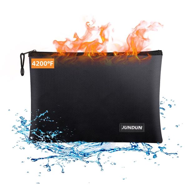 JUNDUN Fireproof Document Bags,14.2”x 10.0”Waterproof and Fireproof Money Bag,Fireproof Safe Storage Pouch with Zipper for A4 Document Holder,File,Cash and Tablet