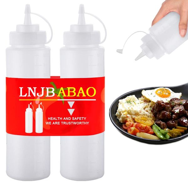 LNJBABAO 2 Pcs Sauce Bottle 8oz Squeeze Bottle Plastic Squeezy Sauce Bottles for Condiments Ketchup Syrup BBQ Sauce Mustard Salad Dressing 250mL