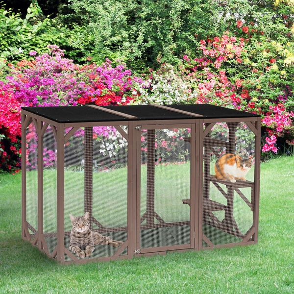 Cat Cage Wooden Pet Enclosure with Waterproof Roof, Platforms, Lock, Brown