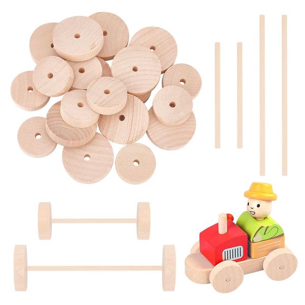 OLYCRAFT 20pcs Wood Wheels and 20pcs Sticks Unfinshed Wooden Wheel with Wooden Sticks Wooden Craft Wheels Tires with 5mm Holes for DIY Model Cars Wooden Crafting Projects - 46mm & 36mm