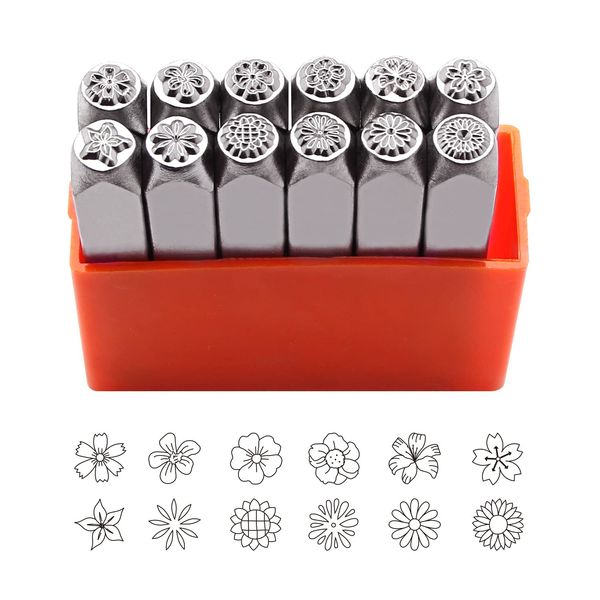 Tlimus 12pcs Flower Theme Metal Stamps, 6MM (1/4”) Metal Stamping Tools DIY Arts and Crafts Supplies Stamping Accessories, Leather & Wood Stamps