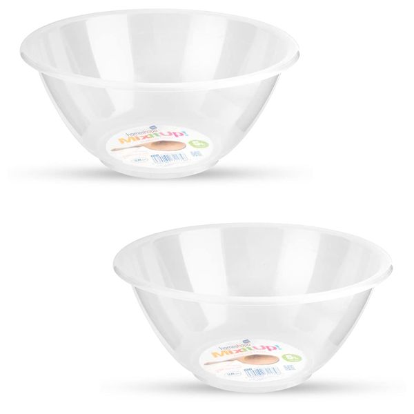 Homeshopa Plastic Mixing Bowl, 2 Pack 5 Litre Reusable Kitchen Cooking Serving Bowl, Non Slip Base, Compact & Stackable, Popcorn Salad Bowl for Food Prep Baking, Dishwasher Safe, 28cm Clear