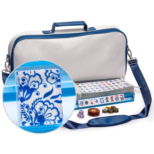Yellow Mountain Imports American Mahjong Set, Chinoise with Soft Leatherette Case - All-in-One Racks with Pushers, Wright Patterson Betting Coins, Dice, & Wind Indicator