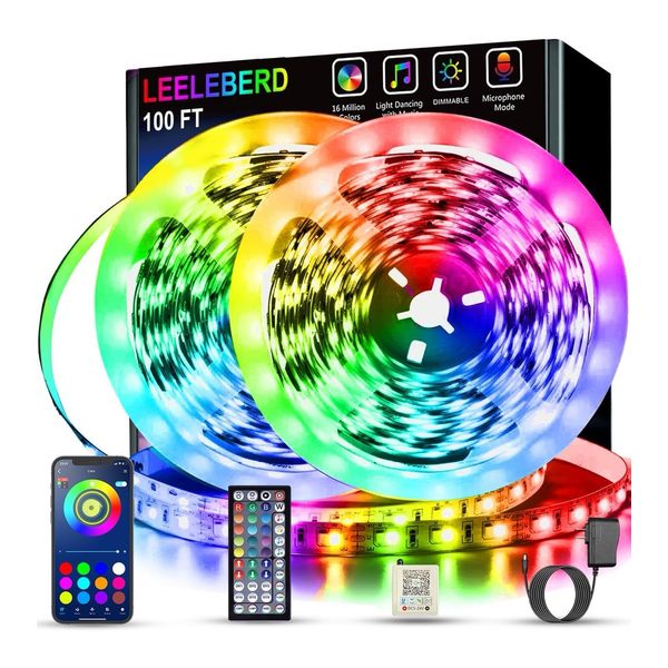 100ft Led Strip Lights RGB Music Sync Color Changing 100ft, Multicolor Leeleberd