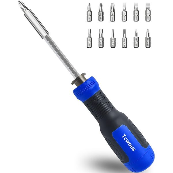 Tcwous Screwdriver Set, 13 in 1 Precision Screw Driver Set Kit with 1/4" Nut Driver and Flat head, Phillips, Security Torx, Hex, Square, Multi Bit All in One Pocket Screwdriver Repair Tool Set