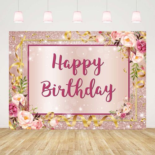 Pink Floral Happy Birthday Backdrop 7x5FT Glitter Rose Gold Sparkle Birthday Photography Background for Women Princess Girl Sweet 16 Party Cake Table Decor Banner
