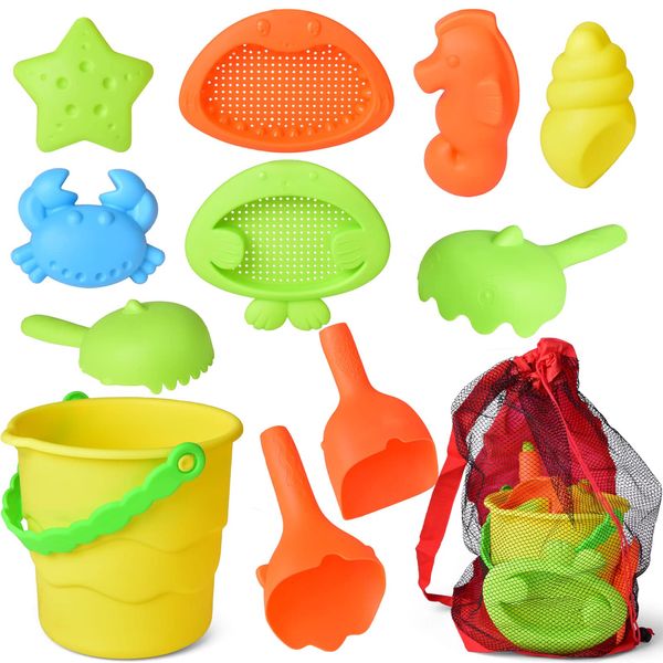 FUN LITTLE TOYS 10Pcs Beach Sand Toys Set for Kids 3-10, Sand Castle Bucket, Animal Molds, Sand Sifter, Shovel Tool Kit with Mesh Bag, Toddler Sandbox Toys, Fun Outdoor Snow Toy for Winter Boys Girls