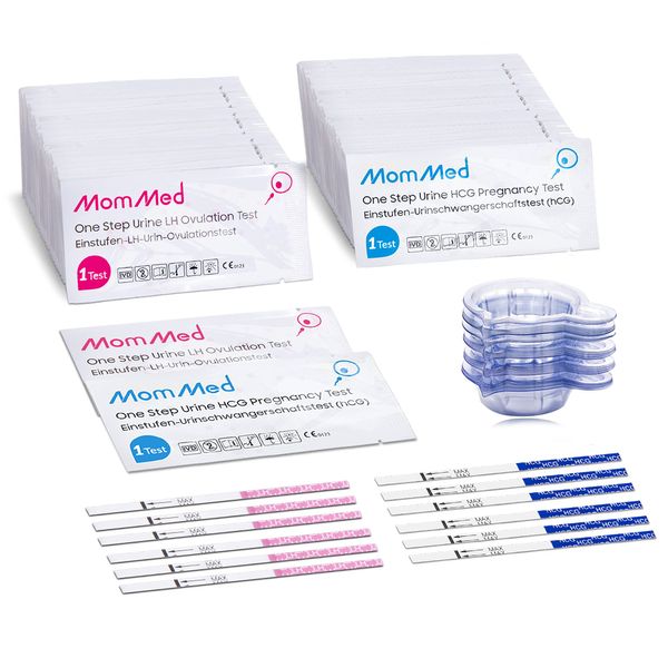 MomMed Ovulation Test Strips, Ovulation and Pregnancy Tests (LH50-HCG20), Includes 50 Ovulation Tests and 20 Pregnancy Tests with 70 Urine Cups, Accurately Track Ovulation and Detect Early Pregnancy