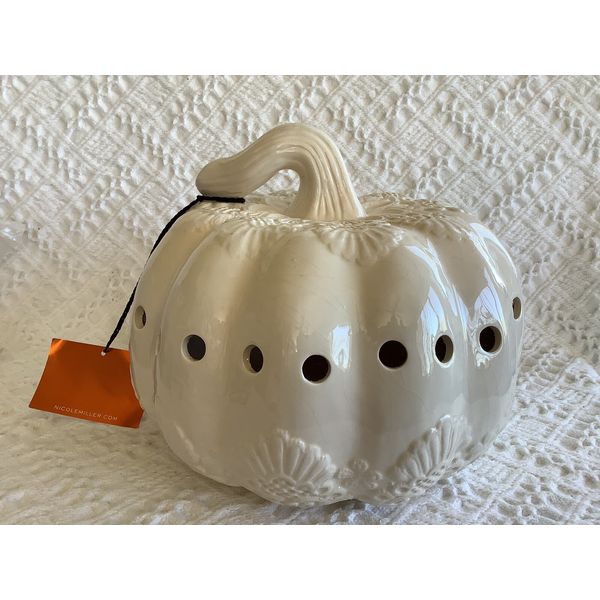 Nicole Miller Home Ivory Ceramic Pumpkin Halloween  Fall 9” X 9” Farmhouse