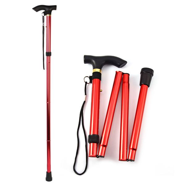 Walking Cane Aluminum Alloy Walking Stick Adjustable Folding Travel Hiking Stick Anti-Slip - Red