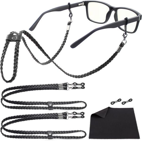 Eye Glass String Strap Holder - Premium ECO Leather Glass Strap - Eye Glass Chain Holder to Wear - Eyeglass Chain for Man Women - Eyeglass Strap Lanyard - 2 Cords (Black)