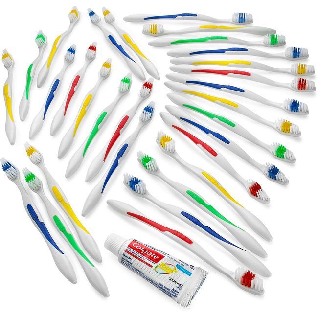 Variety Savings 100 Toothbrushes Bulk Wholesale Quantity Standard Size, Dental Care Toiletries, Medium Soft Bristles, Individually Wrapped, Homeless Care, Disposable Use, Hotels, Travel