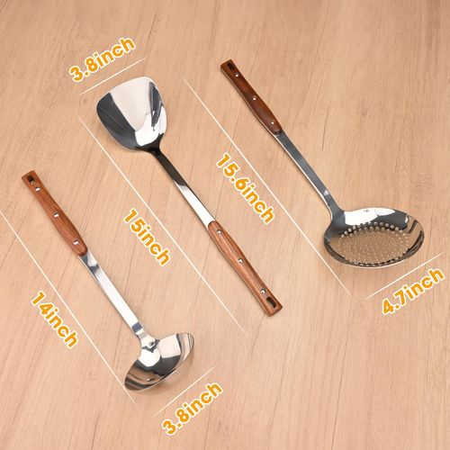 FJNATINH 3Pack Stainless Steel Wok Utensils, Heat-Resistant Wok Spatula and Stainless Steel Ladle Spoon and Kitchen Skimmer for Serving, Turning, Cooking, Soup, Draining