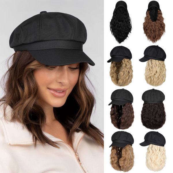 Lansigreen Newsboy Cap with Hair Extensions Short Curly Wavy Bob Hairstyle Wig Hat Beret 8 Panel Attached 14" Synthetic Hairpiece for Women Light Chestnut Brown