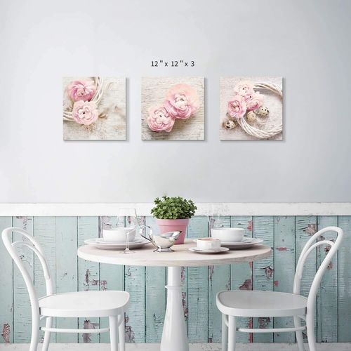 Floral Picture Canvas Wall Art: Pink Peony Flower Wreath Photographic Prints for Decor (12”x12”x3pcs)