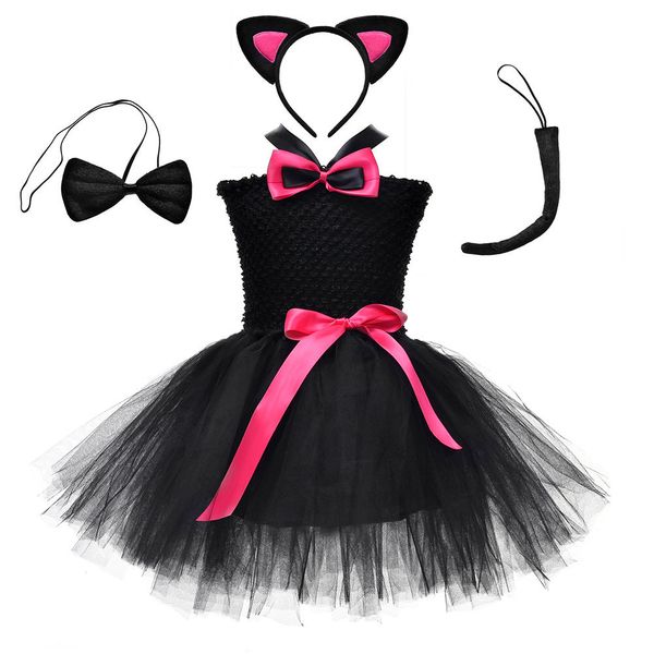 Children’s Halloween Solid Color Cat Costume Mesh Tutu Dress & 1-Piece Jewelry Sets - Kids M (100-110) / Pink