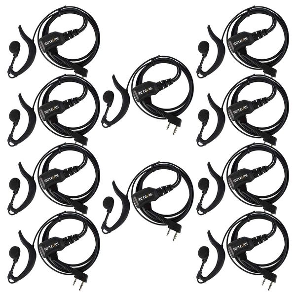 Retevis Walkie Talkie Earpiece with Mic G Shape 2 Pin Adjustable Volume Headset Compatible with Retevis H-777 RT22 RT21 Baofeng UV-5R 888S 2 Way Radio(10 Pack)