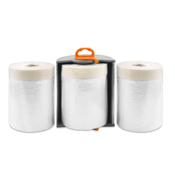 ROLLINGDOG Pre-Taped Dust Sheet Roll - Masking Film with Plastic Dust Sheet 4PCS 30M * 0.55M and Convenient Reusable Dispenser