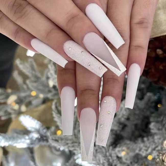 SINLOV 24pcs Coffin Fake Nails Matte Press on False Nails Crystal Long Ballerina Artificial Finger Nails Full Cover False Nails for Women and Girls (White)…