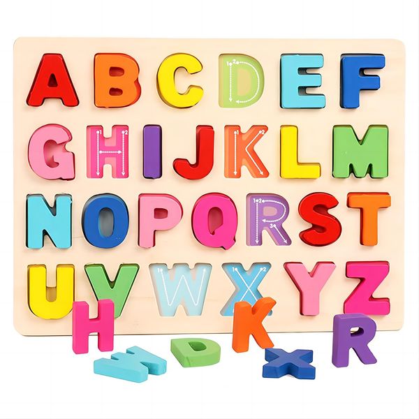 Wooden Puzzles for Kids, ABC Puzzle Shape Alphabet Learning Puzzles Toys with Puzzle Board & Letter Blocks Montessori Toddler Puzzles for Boys Girls 3+