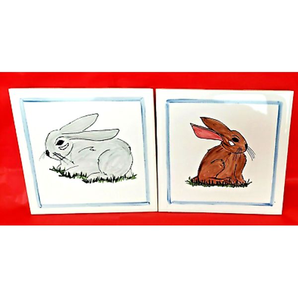 2 Bunny Rabbit HOWARD ORIGINALS Tulsa OK Ceramic Wall Art Tiles or Trivets