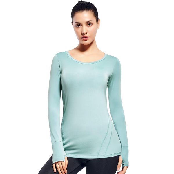 Womens Long Sleeve Workout Tops with Thumb Holes(Niagara Blue,S)