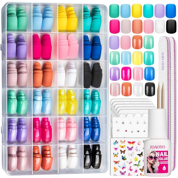 Short Press on Nails, 24 Packs 576PCS Small Short Round Press on Nails, 12 Glossy Fake Nails 12 Matte Fake Nails, Candy Color False Nail, Short Fake Nails With 10g Nail Glue and Nail Stickers