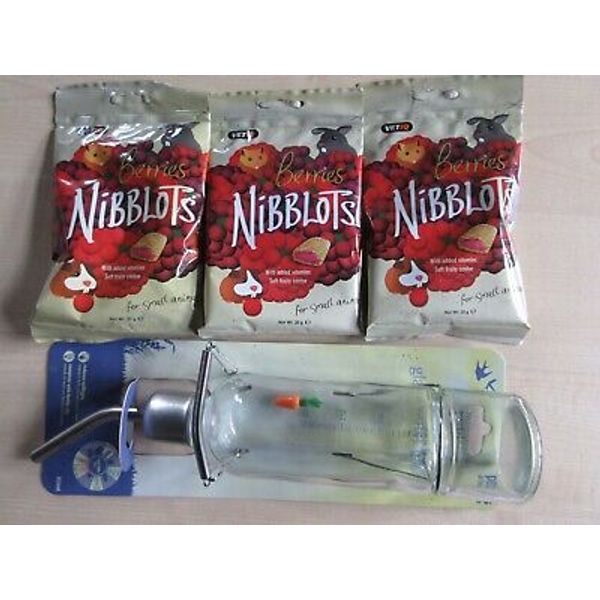 Glass Water Bottle 355ml for Small Animal & 3x Berries Nibblots Treat Packs