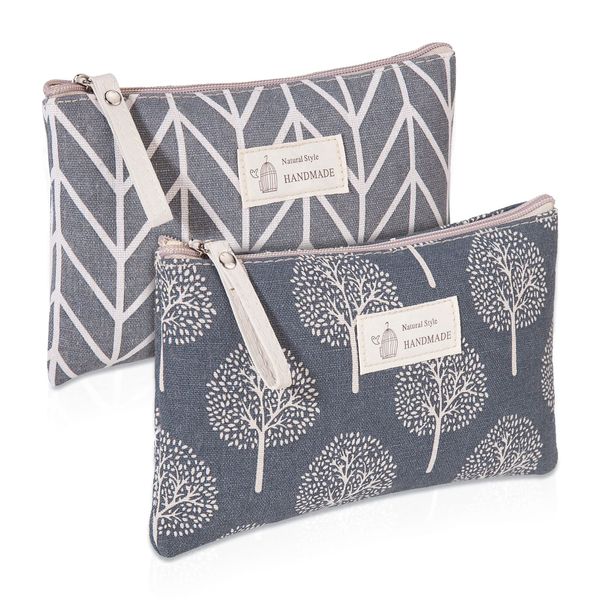Canvas Cosmetic Bag, 2 PCS Portable Women Purses, Printed Makeup Bag Pouch Multifunctional Travel Toiletry Bag with Zipper for Cosmetics Keys Cards