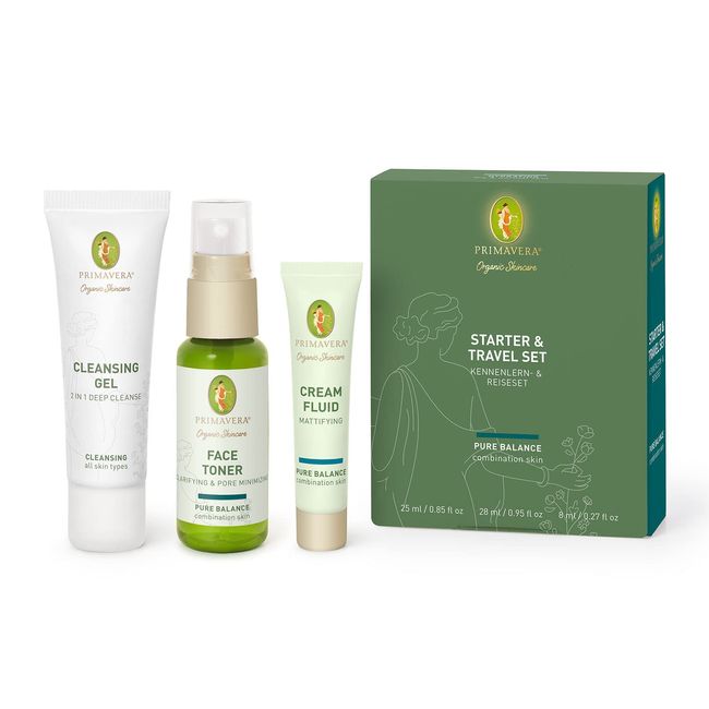 PRIMAVERA Starter & Travel Set Pure Balance - Naturkosmetik - Kennenlern- & Reiseset für Mischhaut und ölige Haut - Geschenkbox Reinigung, Toner, Pflege - vegan