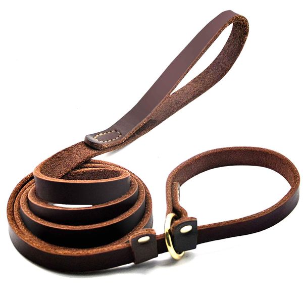 Wellbro Real Leather Slip Lead Dog Leash, Soft Adjustable Pet Slip Leads with Slider, Heavy Duty Flat Dog Training Leash for Medium and Large Dogs, 6ft Long by 0.7 Inch Wide, Brown