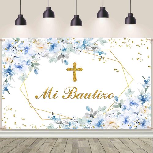 AIBIIN 5x3ft Mi Bautizo Backdrop Mexican Baptism Party Decorations God Bless Girl First Holy Communion Banner Blue Flower Background Christening Newborn Baby Shower Decor Props
