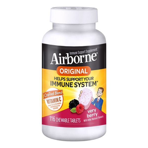 Airborne 1000mg Vitamin C with Zinc, Immune Support Supplement with Powerful Antioxidants Vitamins A C & E - 116 Chewable Tablets, Very Berry Flavor