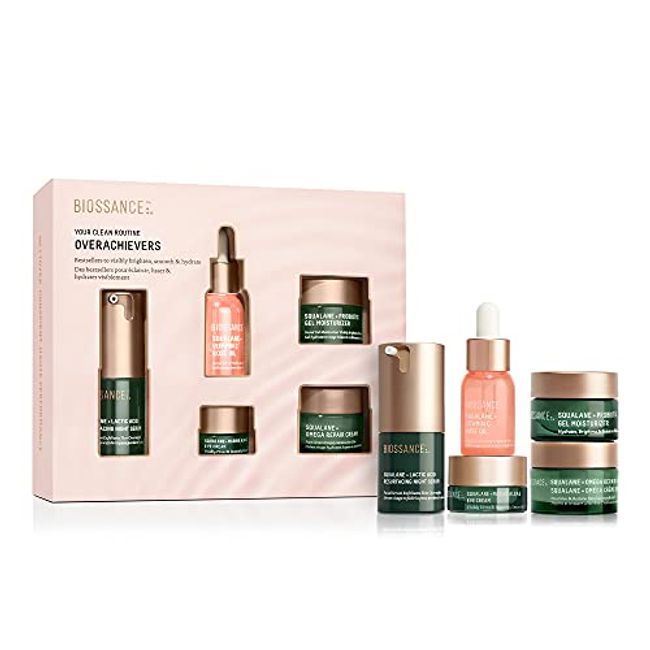 Biossance Overachievers Set. Squalane + Lactic Acid Resurfacing Night Serum Bundle with Travel Size Best Sellers to Hydrate, Exfoliate and Smooth Fine Lines (5 items)