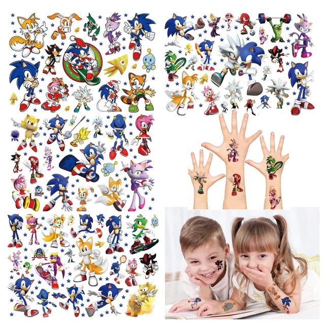 Soni c Temporary Tattoo 8 Sheets Cute Tattoo for Kids,Children's Temporary Tattoo Toys,Waterproof Tattoo Stickers for Sonic The Hedgehog Theme Birthday Party Favors, Suitable for Group Activities