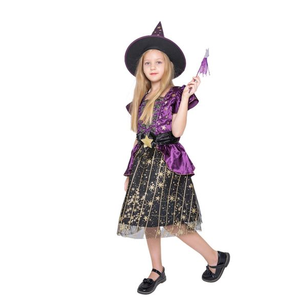 WESPREX Starry Witch Costume Set for Girls with Hat & Magic Wand (L, 12-14 Years, 26.5W x 34.5L)