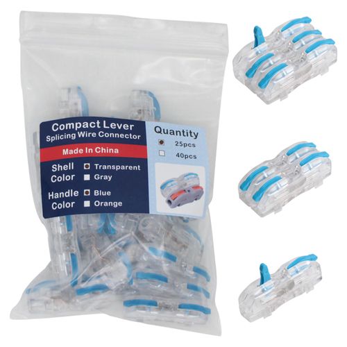 YQSIYU Lever Nuts Wire Connectors Bag of 25, 1 Conductor Quick Connect Electrical Splicing Connectors Easy to Operate Clamp Lever Terminals (Blue Handle and Transparent White Shell)