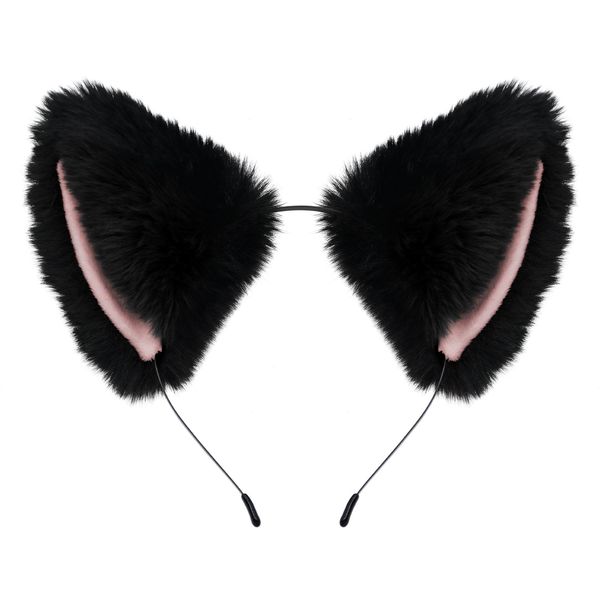 Cat Fox Ears Headband for Women Girls, Halloween Cosplay Cat Costume Faux Fur Ears Headbands Hair Accessories for Adult Kids (Black & Pink)