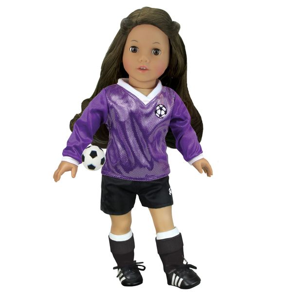 Sophia's 18" Doll 4 pc. Soccer Uniform with Long-Sleeved Purple Jersey, Black Shorts, Black Cleats, and Soccer Ball