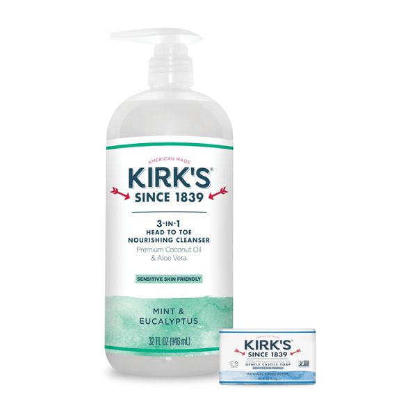 Kirk's 3 in 1 Castile Clean Mint Shampoo Body Wash Liquid Soap Travel Size Bar Soap (1.13 oz.) | Mint & Eucalyptus Scent | For Men, Women & Children | 32 Fl Oz