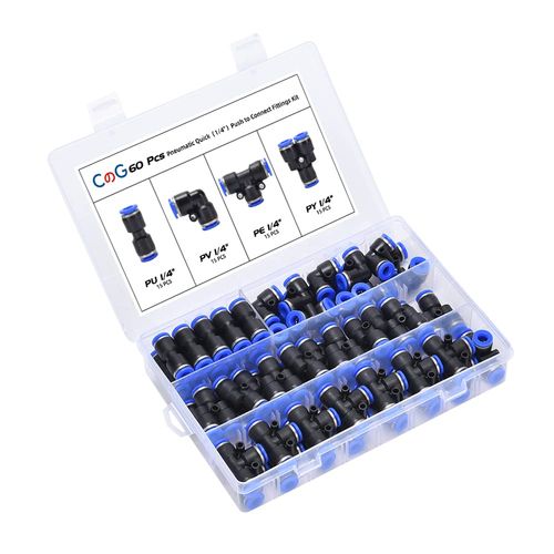 CGELE 60Pcs Quick Connect Air Hose Fittings 1/4 inch OD 15 Spliters+15 Elbows+15 tee+15 Straight Quick Release Pneumatic Push to Connect Fittings Kit Air Line Fittings for 1/4 inch Tube