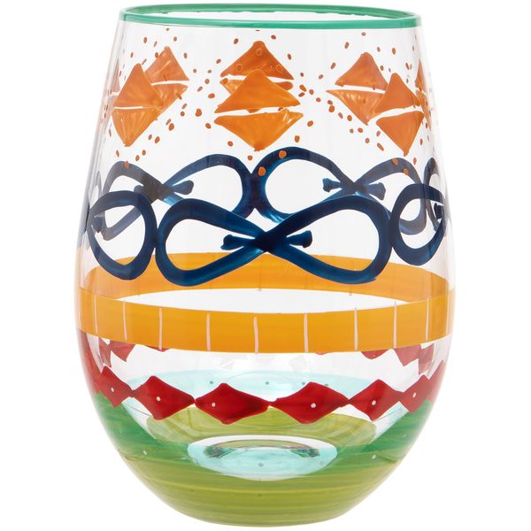 Hand Painted Multi-Coloured Pattern Stemless Wine Glass, 530ml, Gift Boxed