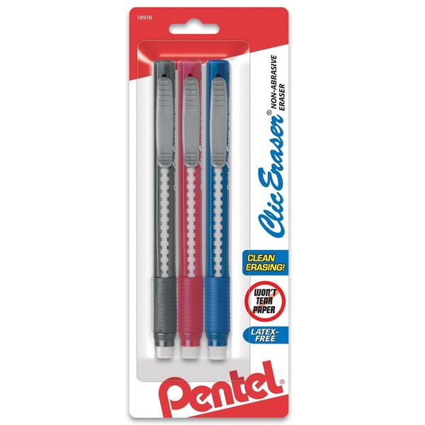 Pentel Clic Retractable Eraser With Grip, Assorted Barrels, 3 Pack (ZE21BP3M)