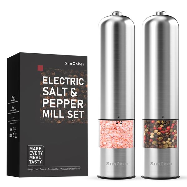 SimCoker Electric Salt and Pepper Grinder Set, Battery Operated Mill Automatic Operation One Hand, Adjustable Coarseness Powered Mills LED Light, Kitchen Stainless Steel Grinders, 2 Pack