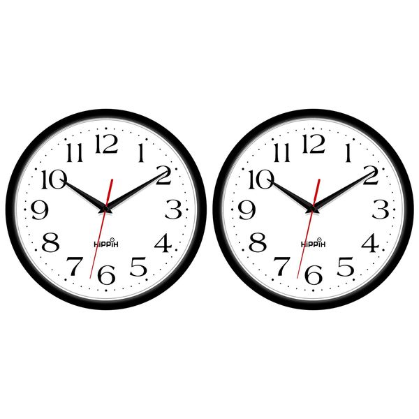 HIPPIH 2 Pack Silent Wall Clock, 10 Inch Non Ticking Quiet Digital Sweep Decorative Battery Operated Wall Clocks for Living Room Bedroom Kitchen School Office Decor, Black