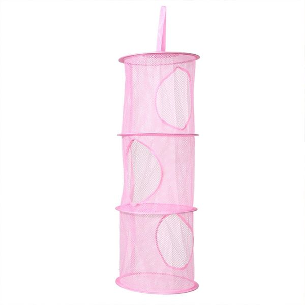 Storage Net Kids Toy Organizer Hanging Storage Net 3 Tiers Portable Foldable Mesh Wall Door Closet Kids Toys Organizer Laundary Basket Hanging Shelves Pockets (Pink)