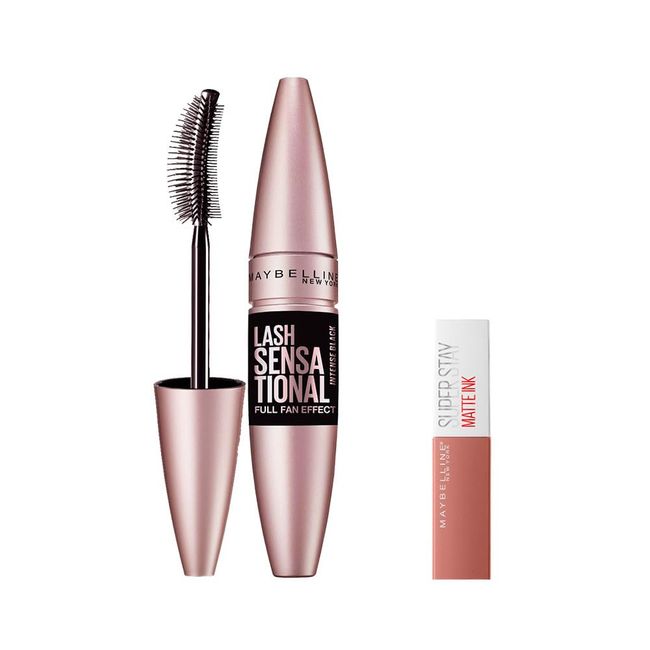 Maybelline New York Lash Sensational Yelpaze Etkili Intense Black Maskara - Ekstra Siyah 9.5 ml & Mini Super Stay Matte Ink Likit Mat Ruj 65 Seductress Makyaj Seti